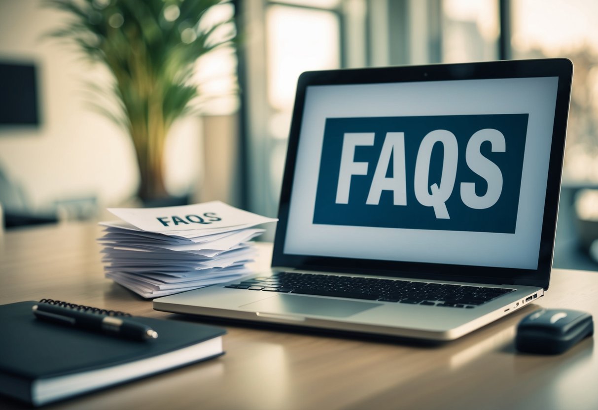 A table with a laptop, notebook, and pen. A stack of papers labeled "FAQs" sits next to a promotional banner