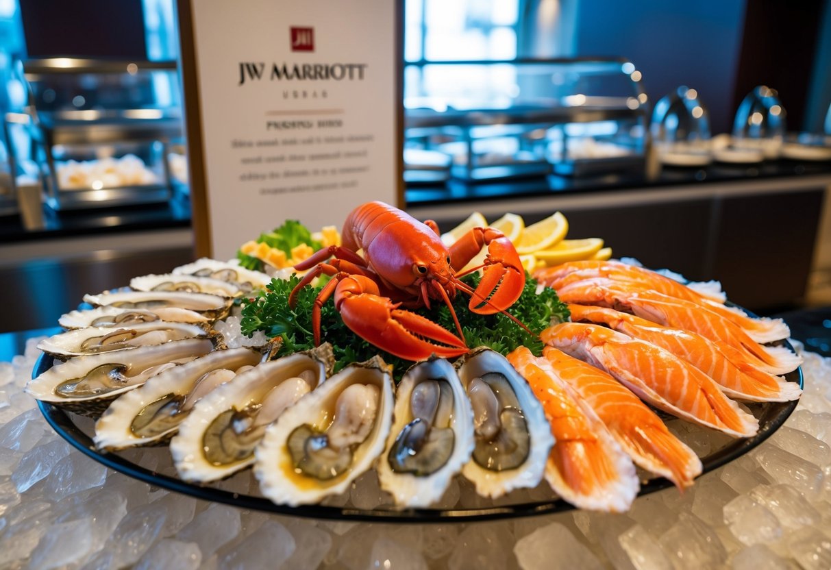 A lavish display of fresh seafood, including oysters, lobster, and sushi, is arranged on ice at the JW Marriott buffet promotion