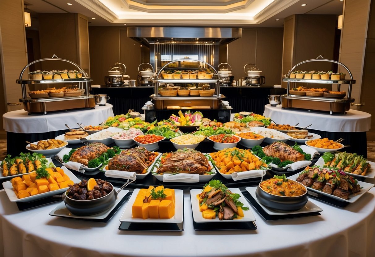 A grand buffet spread at JW Marriott featuring a Sunday Carvery promotion with an array of delectable dishes and vibrant food stations