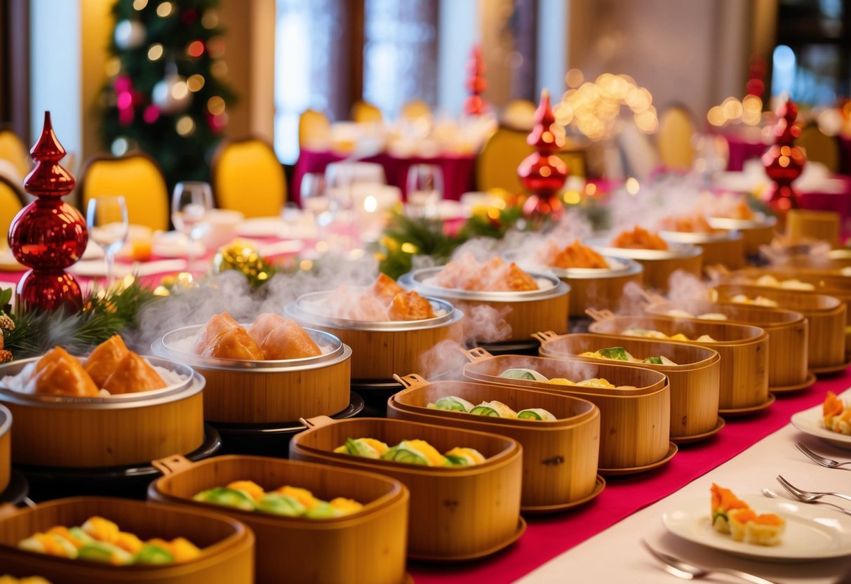 A colorful buffet spread with steaming bamboo baskets of dim sum, surrounded by elegant table settings and festive decorations