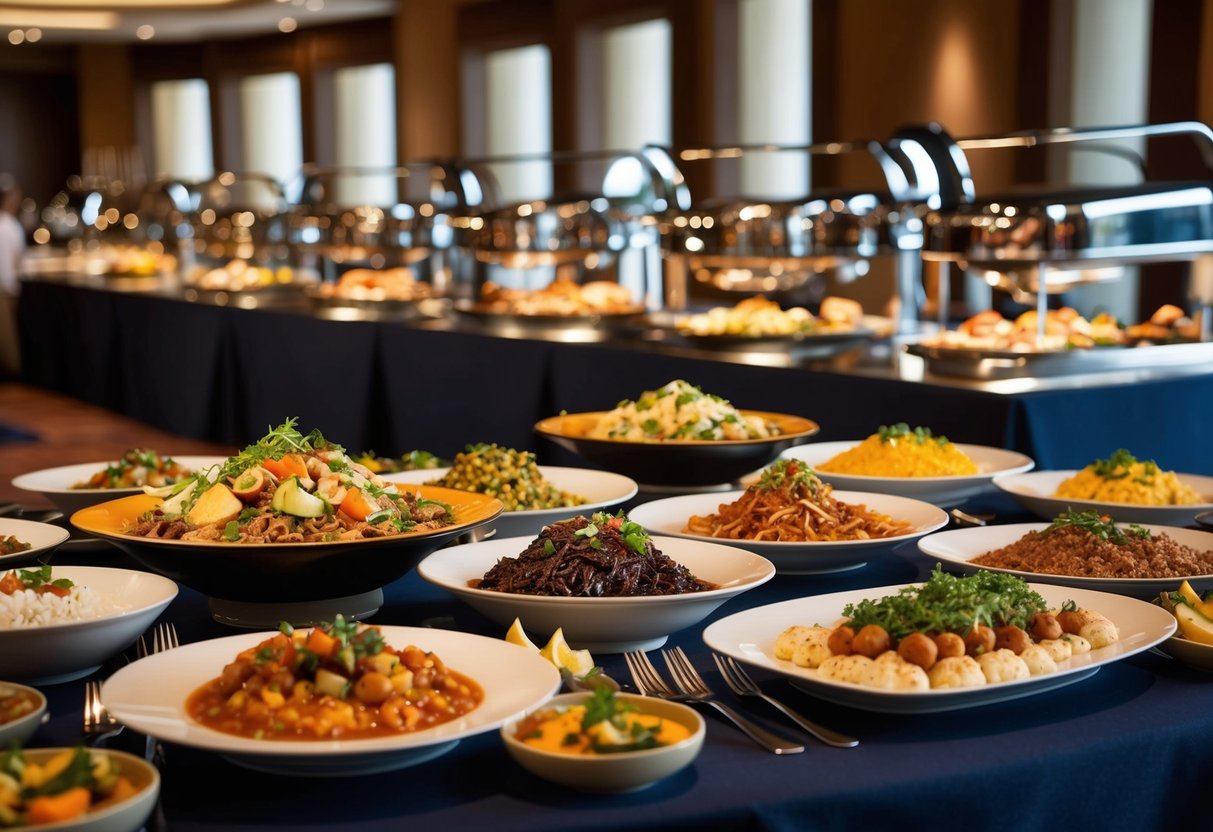A lavish spread of Mediterranean dishes on display at a JW Marriott buffet promotion. Rich colors and tantalizing aromas fill the air