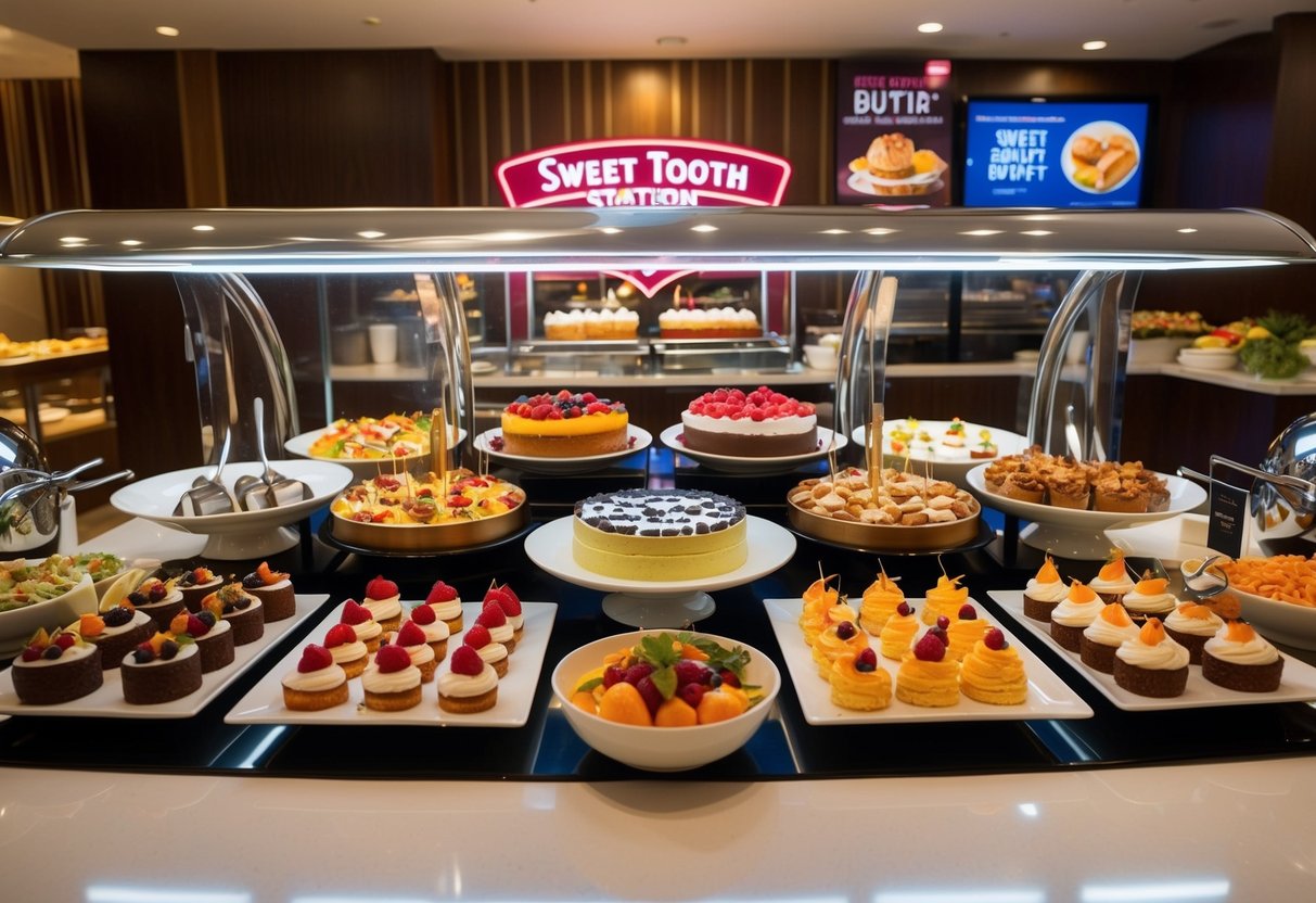 A colorful display of decadent desserts and savory dishes at the Sweet Tooth Station in the JW Marriott buffet, with enticing promotional signs