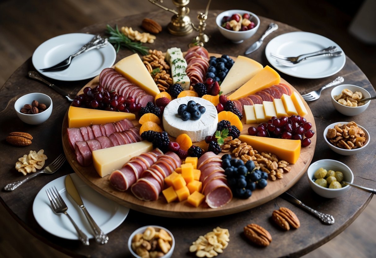 A lavish spread of assorted meats, cheeses, fruits, and nuts displayed on a rustic wooden board, surrounded by elegant serving utensils and decorative garnishes