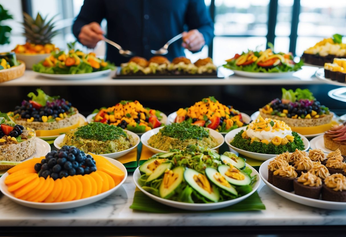 A colorful buffet spread featuring a variety of vegan treats, including fresh salads, plant-based proteins, and decadent desserts
