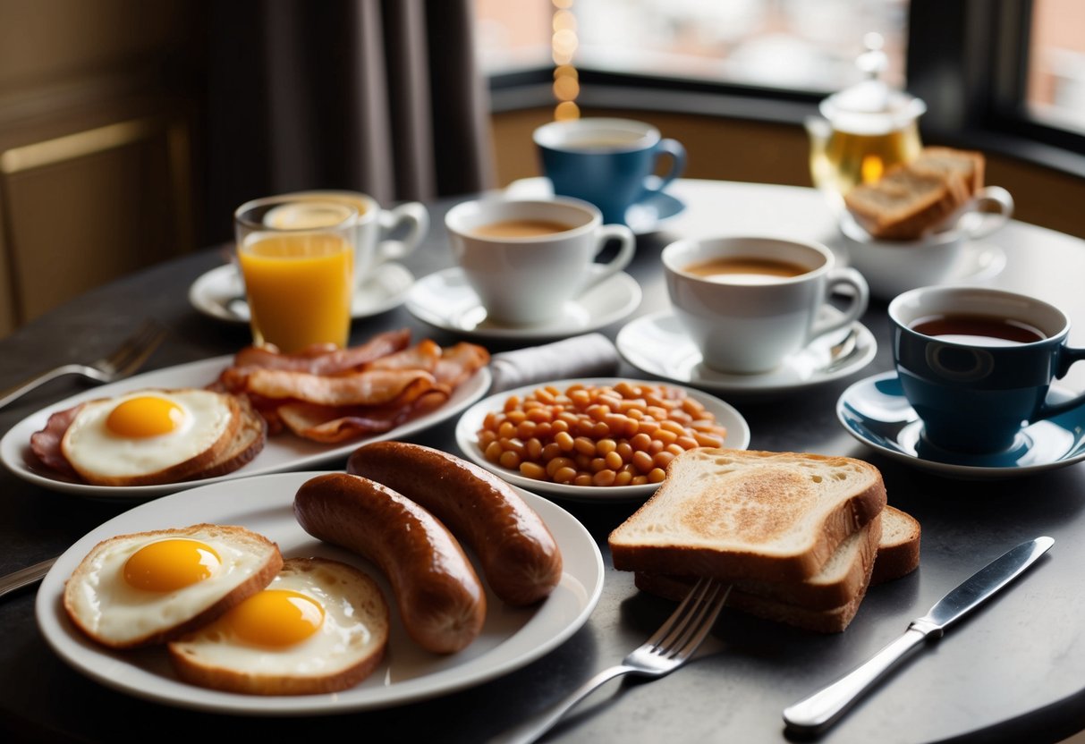 A table set with a spread of classic British breakfast items, including eggs, bacon, sausages, baked beans, toast, and tea