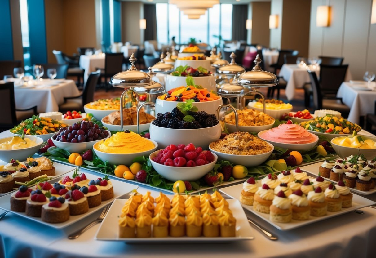A bountiful buffet spread with colorful seasonal dishes and desserts, set in an elegant dining area at JW Marriott