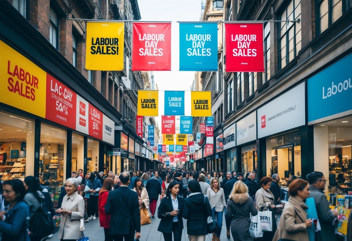 A bustling city street with colorful banners and signs promoting Labour Day sales. Stores are crowded with shoppers taking advantage of the promotions