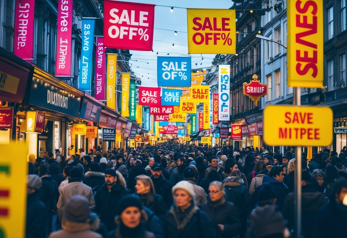 A crowded street with colorful banners and signs promoting sales and discounts. Bright lights and bustling activity create a lively atmosphere