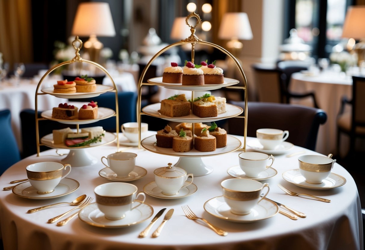 A table set with elegant teacups, saucers, and tiered trays of pastries and sandwiches, surrounded by the luxurious ambiance of Fortnum & Mason