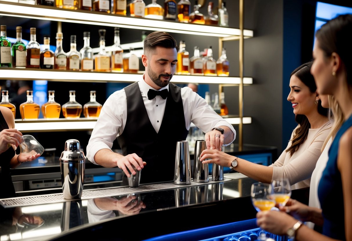 A sleek bar with shelves of premium liquor, gleaming cocktail shakers, and a bartender demonstrating mixology techniques to a group of eager participants
