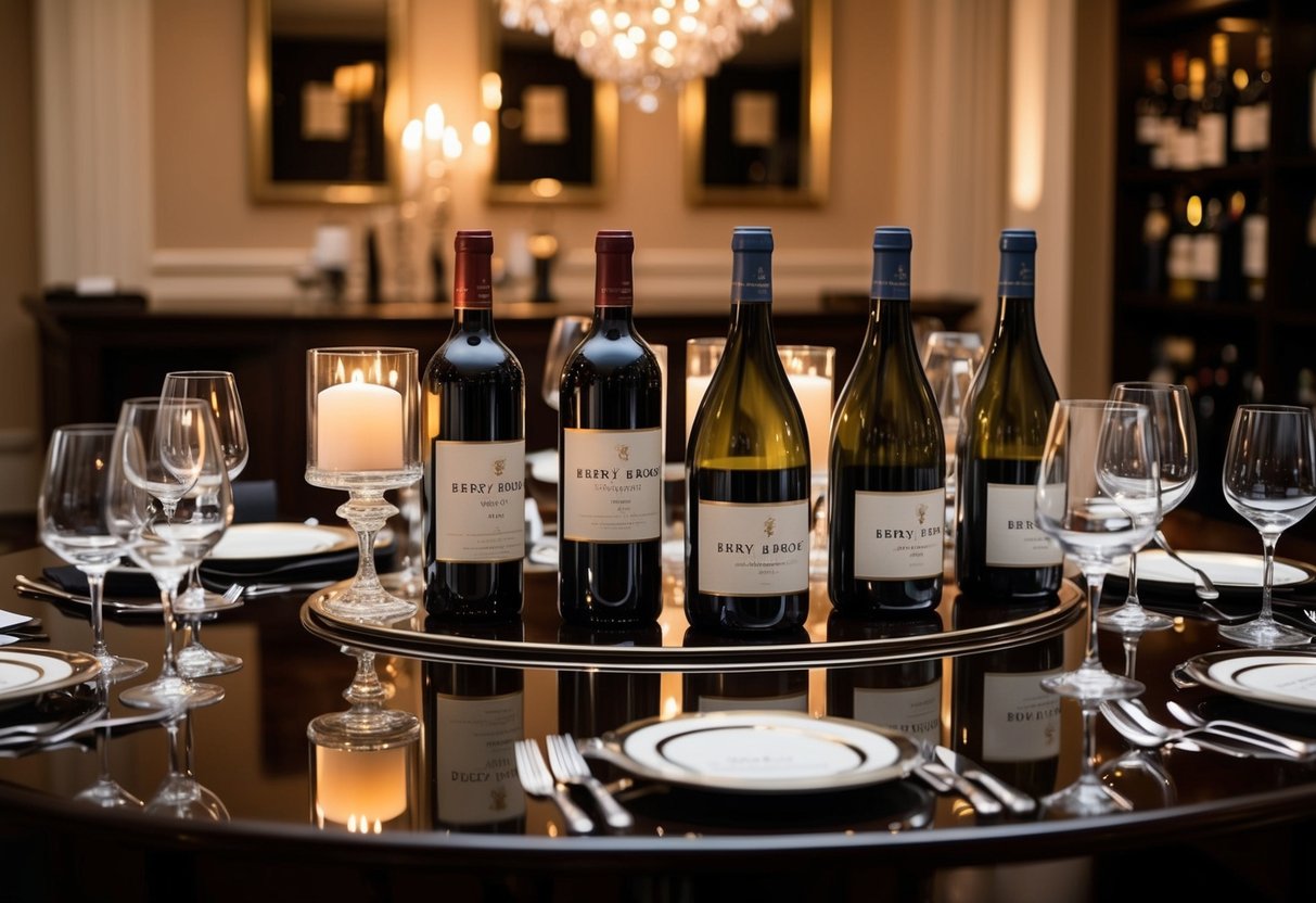 A sophisticated wine tasting event at Berry Bros & Rudd, with elegant wine bottles displayed on a polished table, surrounded by crystal wine glasses and flickering candlelight