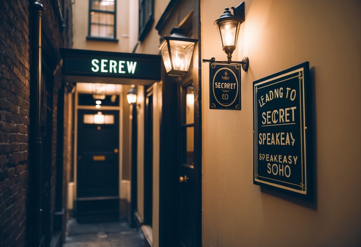 A dimly lit alley with a hidden entrance, adorned with a discrete sign, leading to a secret speakeasy in Soho