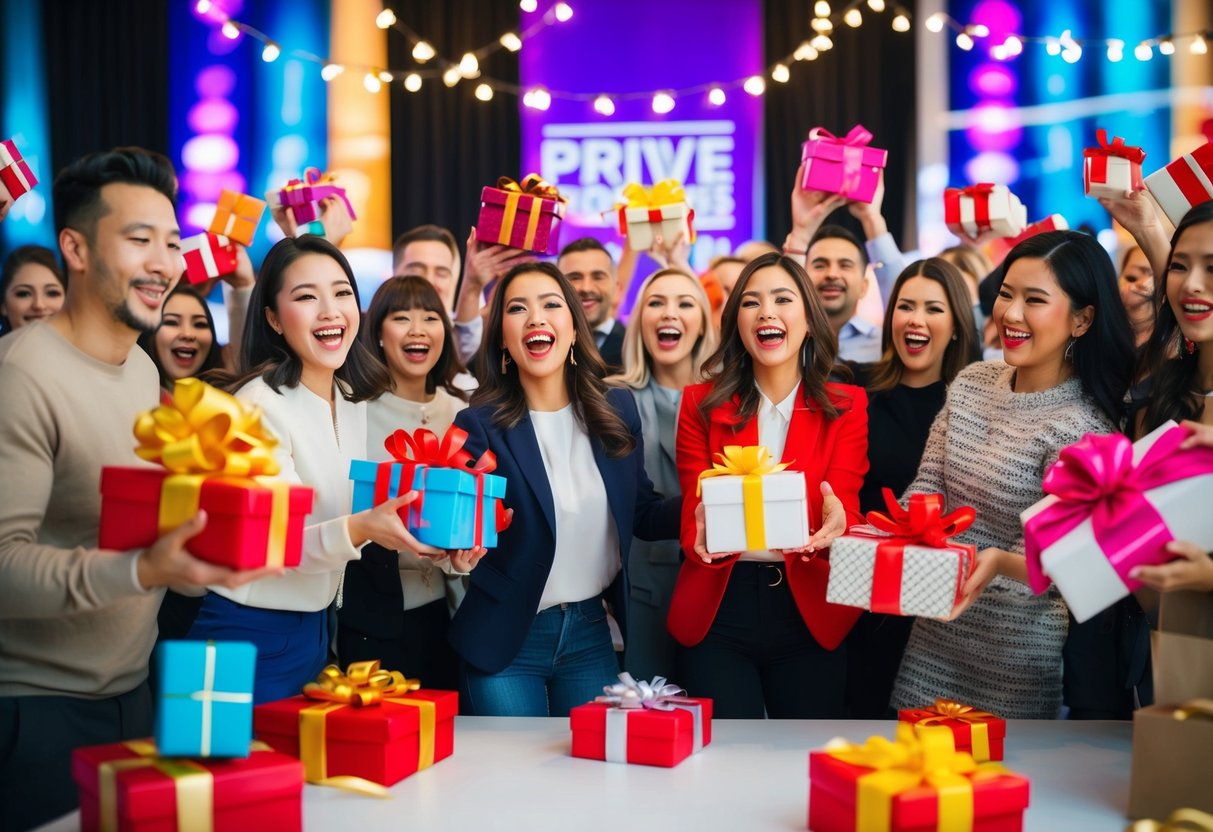 A group of people excitedly receiving gifts and discounts at a Prive Promotions event. Bright lights and colorful banners create a festive atmosphere