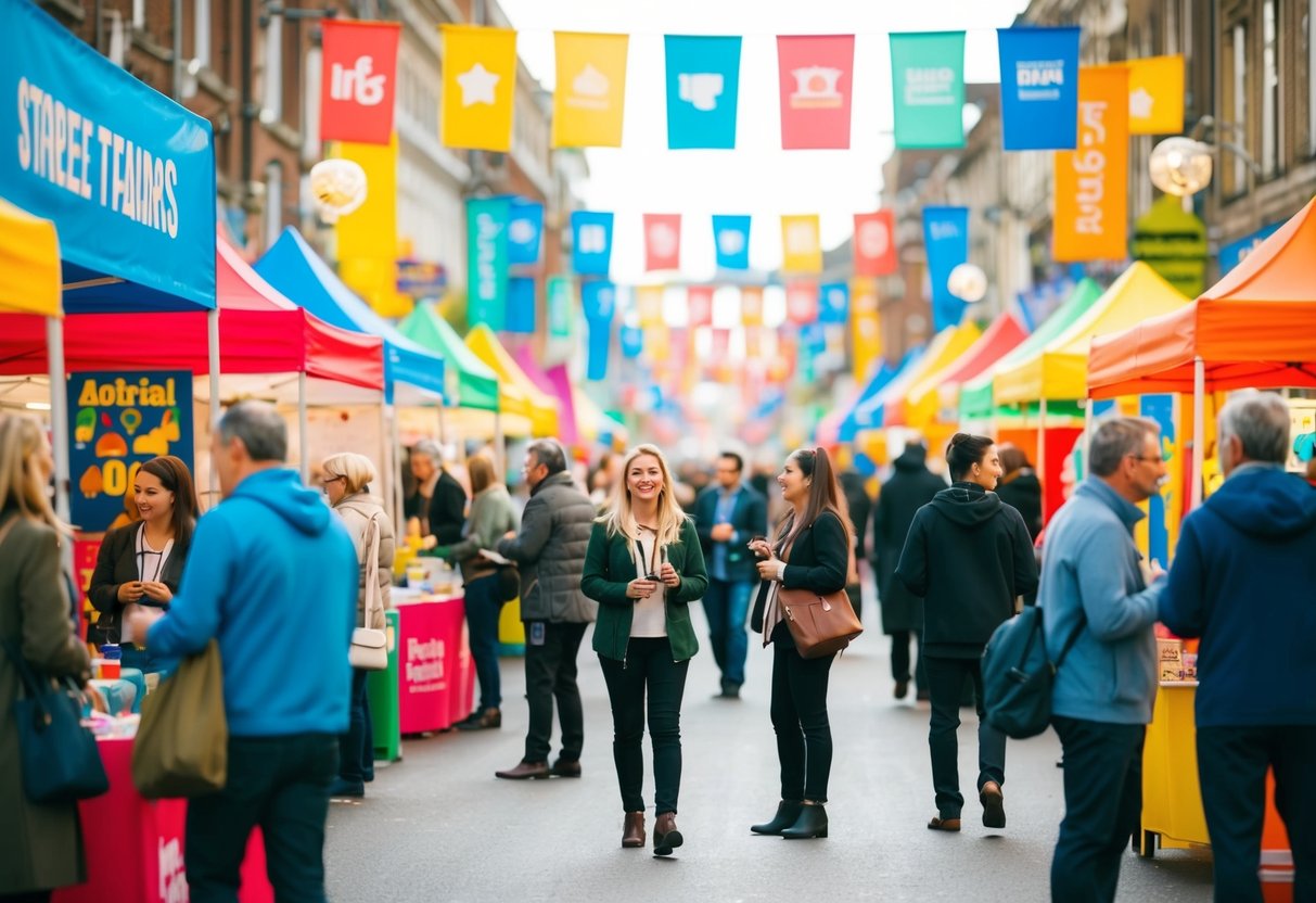 A bustling street fair with colorful banners and lively music, as people interact with various promotional booths and activities