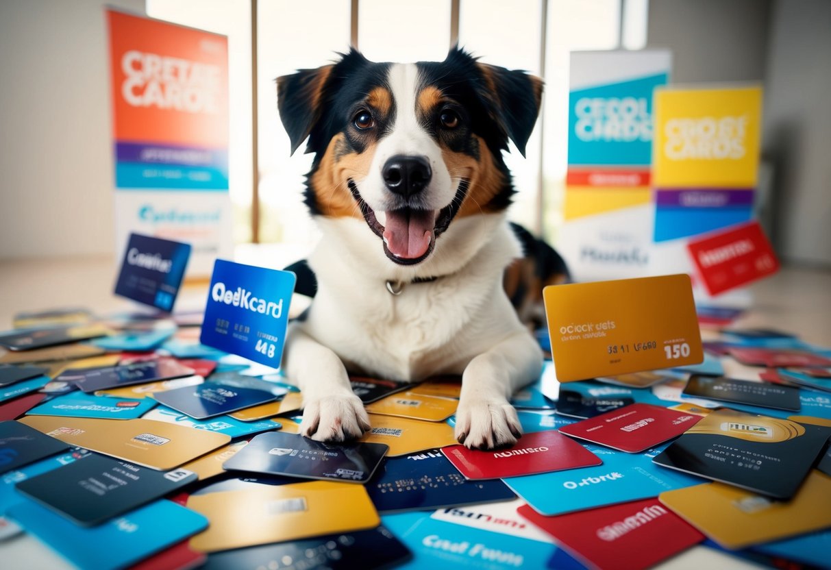 A happy dog surrounded by colorful credit cards and promotional banners