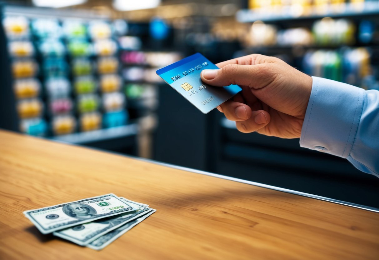 A hand swipes a credit card at a store counter, with a £20 note and £100 worth of items on the counter