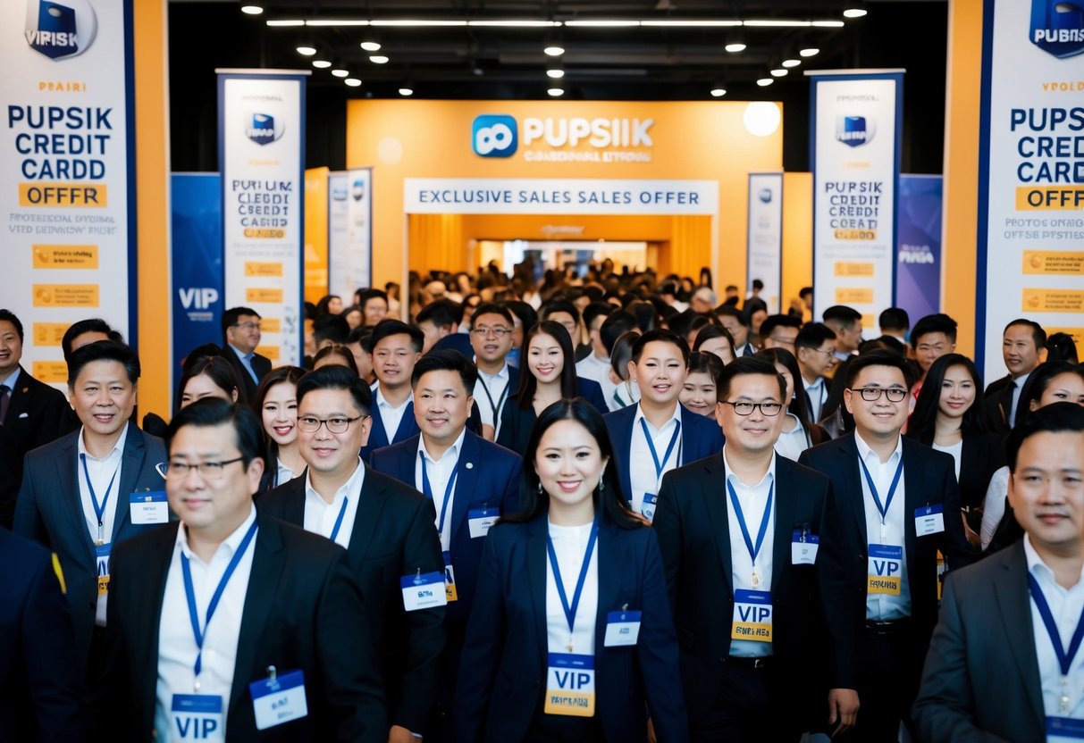 A crowd of people with VIP badges entering an exclusive sales event, surrounded by banners and promotional materials for Pupsik credit card offers