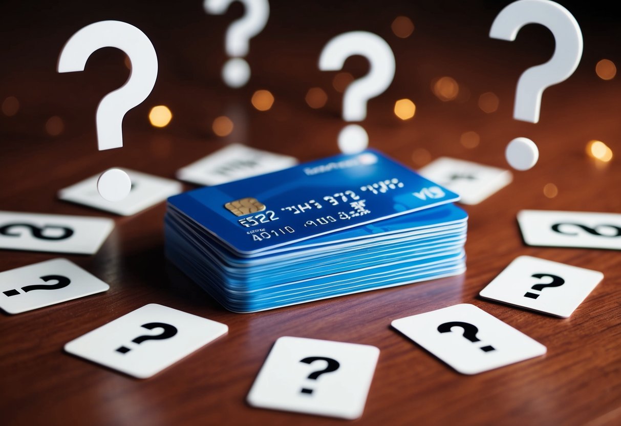 A stack of credit cards surrounded by question marks and promotional symbols