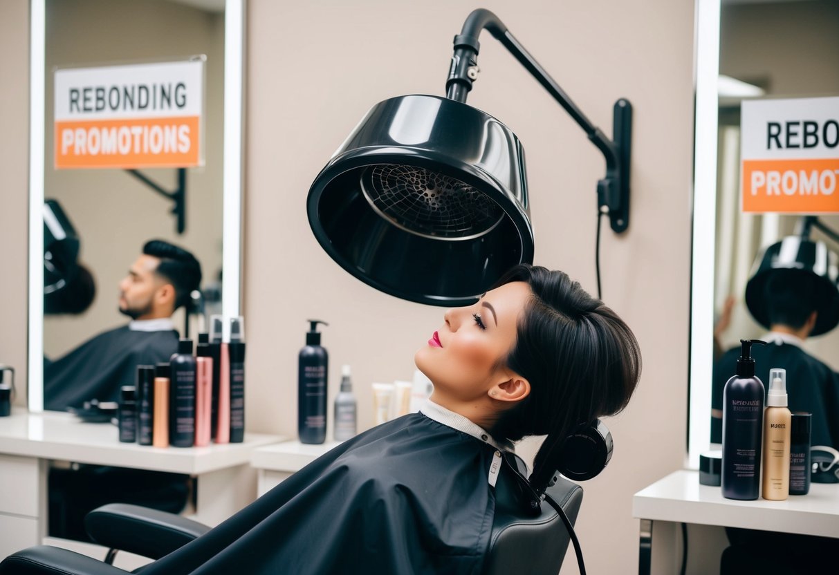 A salon chair with a person reclining under a hooded hair dryer, surrounded by hair care products and a sign advertising "rebonding promotions."