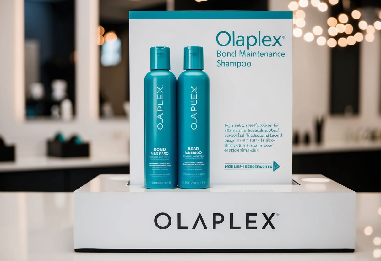 A salon display showcasing Olaplex Bond Maintenance Shampoo with promotional signage
