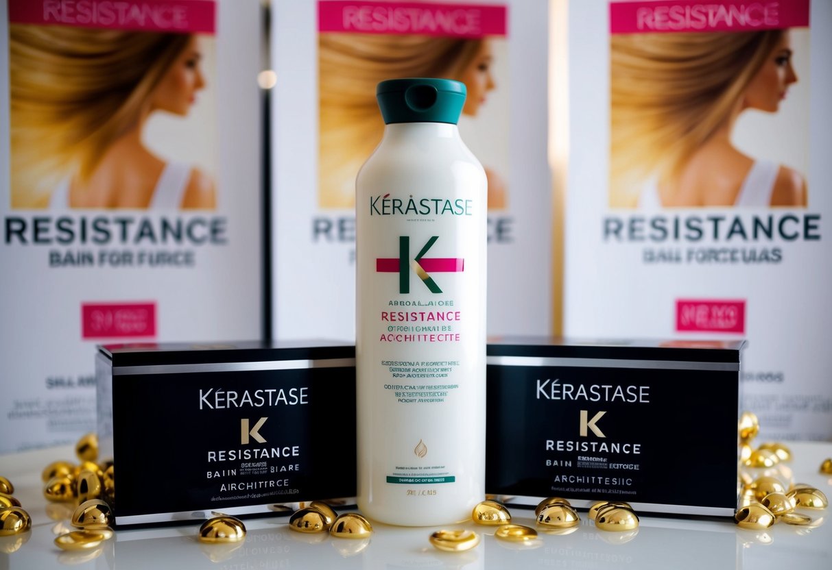 A luxurious bottle of Kérastase Resistance Bain Force Architecte shampoo surrounded by promotional banners and signs