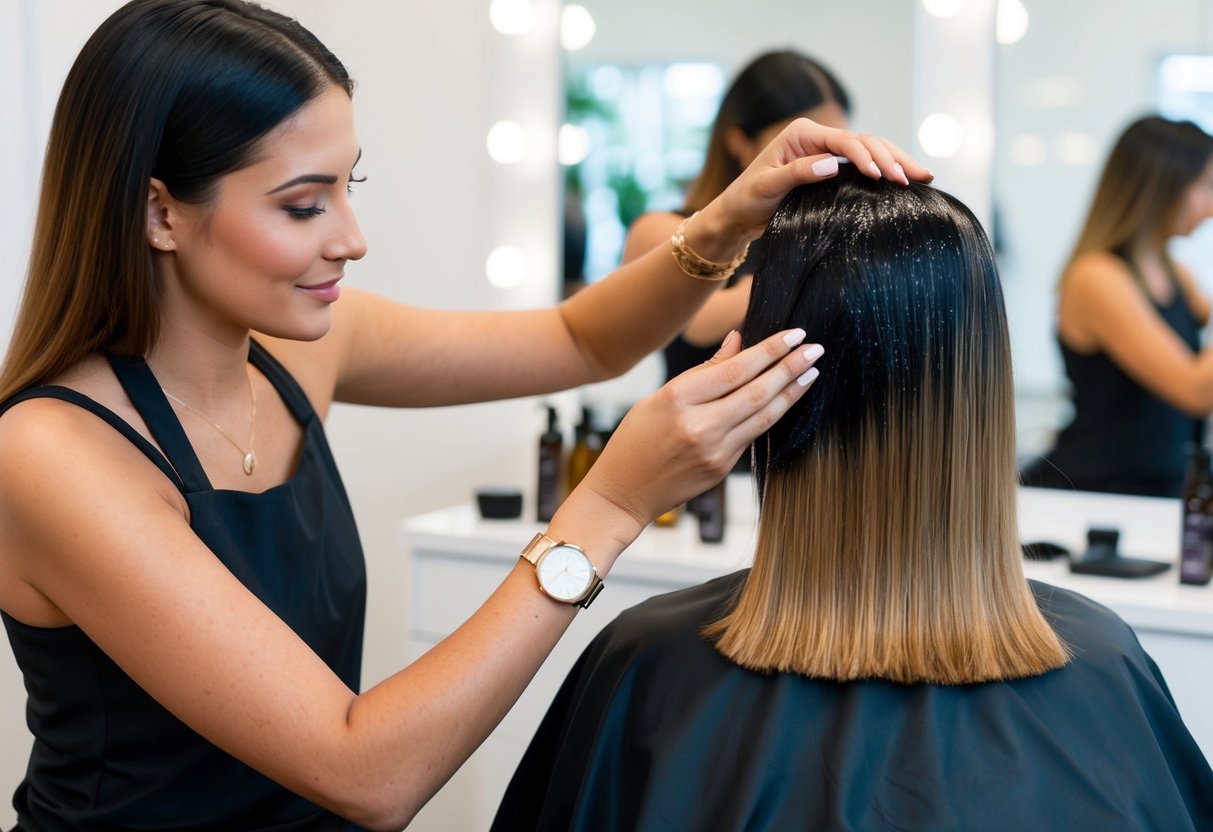 A woman's hair being mended and strengthened as Moroccanoil Restorative Hair Mask is applied in a salon setting