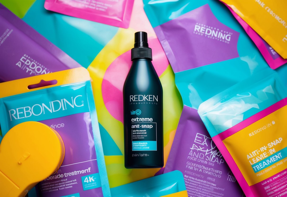 A bottle of Redken Extreme Anti-Snap Leave-In Treatment surrounded by vibrant, rebonding promotional materials