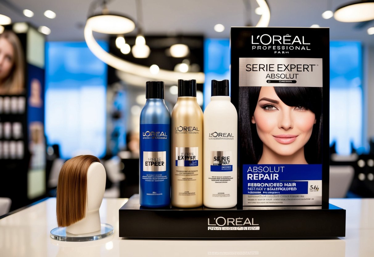 A salon display featuring L'Oréal Professionnel Serie Expert Absolut Repair products with promotional signage and a model of rebonded hair