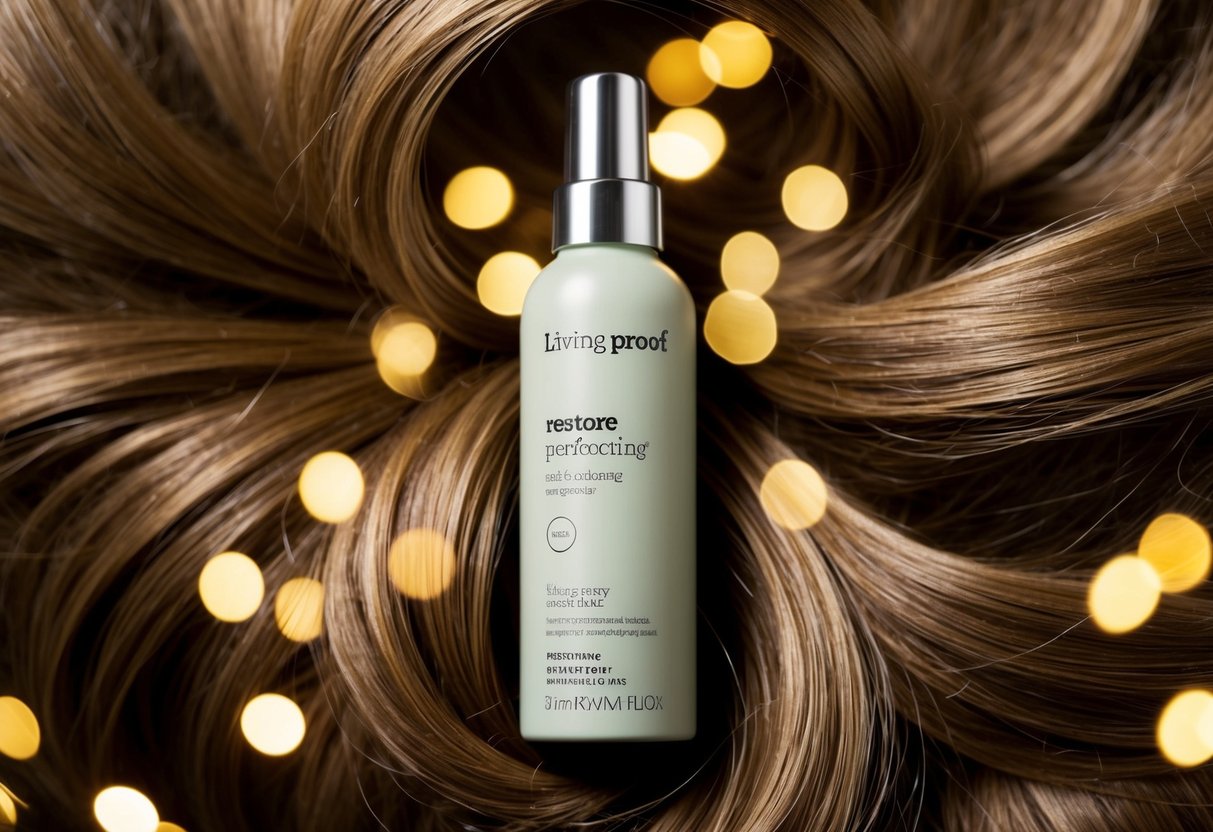 A sleek bottle of Living Proof Restore Perfecting Spray surrounded by swirling strands of hair and glowing promotional graphics