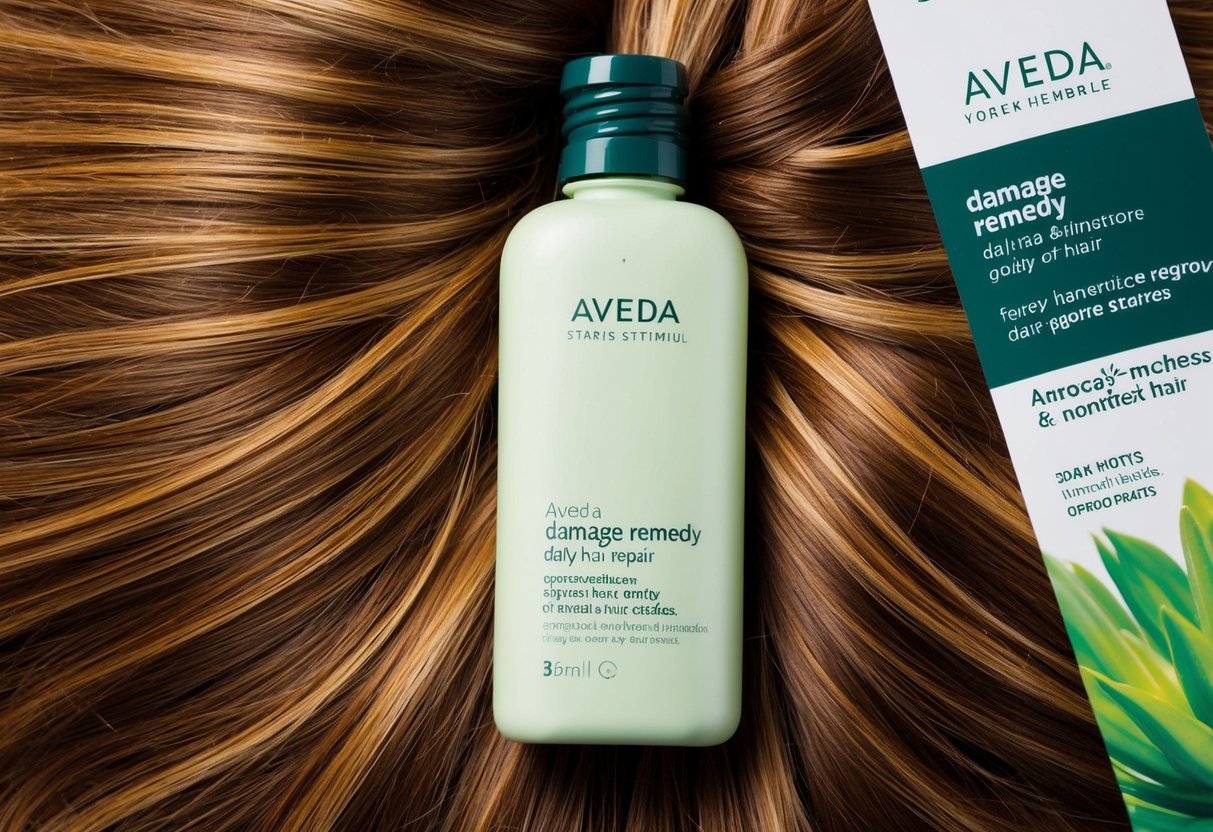 A bottle of Aveda Damage Remedy Daily Hair Repair surrounded by vibrant hair strands and a promotional banner