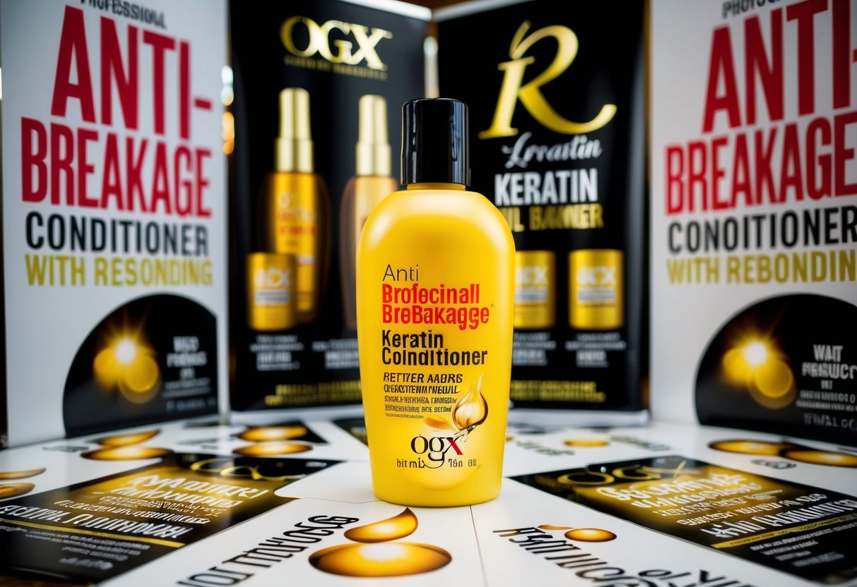 A bottle of OGX Anti-Breakage Keratin Oil Conditioner surrounded by promotional banners and signs, with a focus on the product's rebonding benefits
