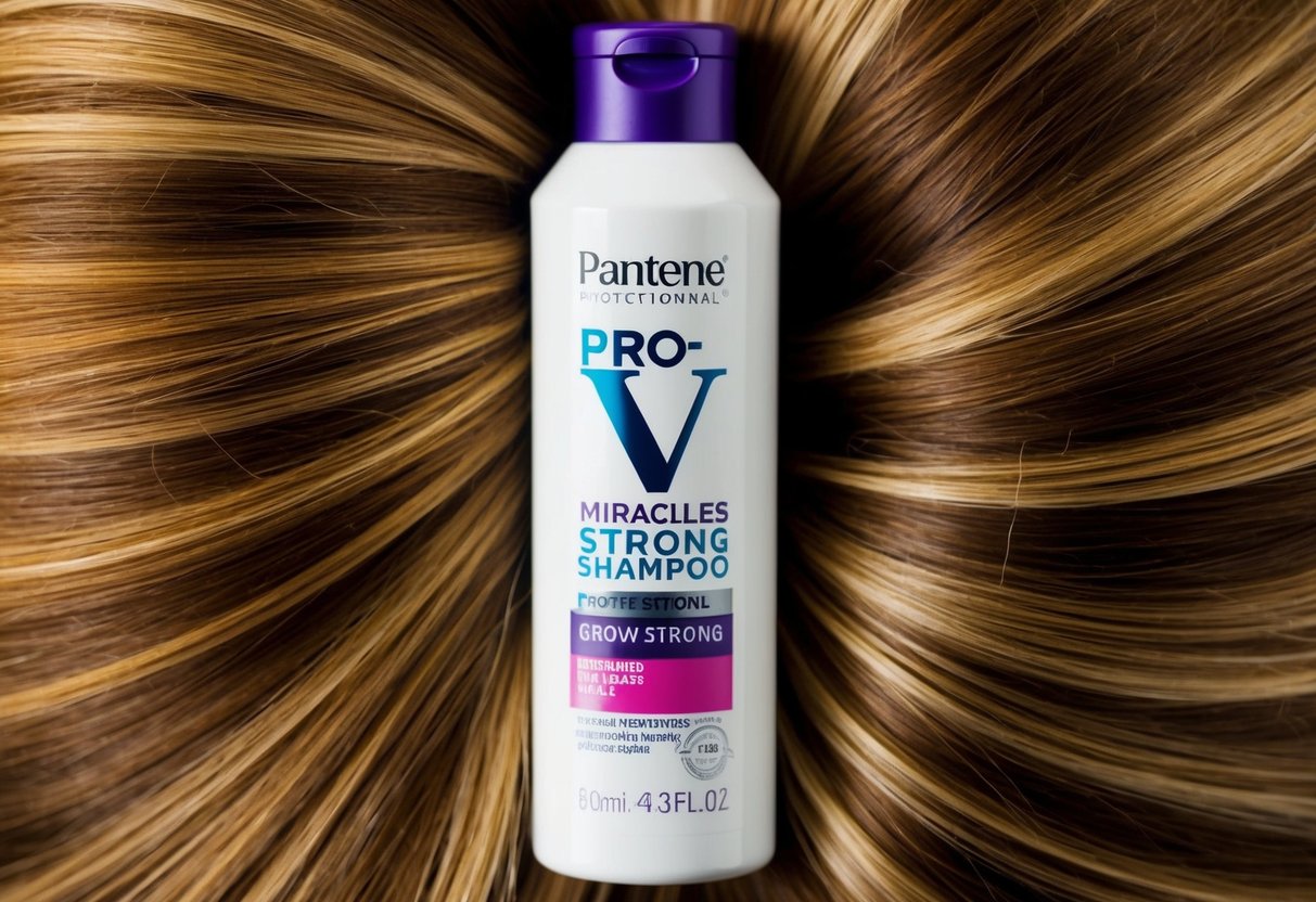 A bottle of Pantene Pro-V Miracles Grow Strong Shampoo surrounded by vibrant, healthy-looking hair strands and a promotional banner