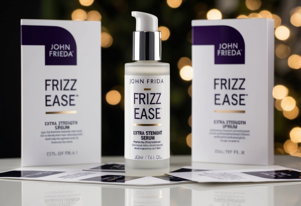 A bottle of John Frieda Frizz Ease Extra Strength Serum displayed with promotional materials and logos