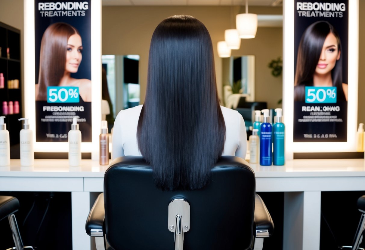A salon chair with a sleek, straight-haired mannequin, surrounded by bottles of hair products and promotional posters for rebonding treatments