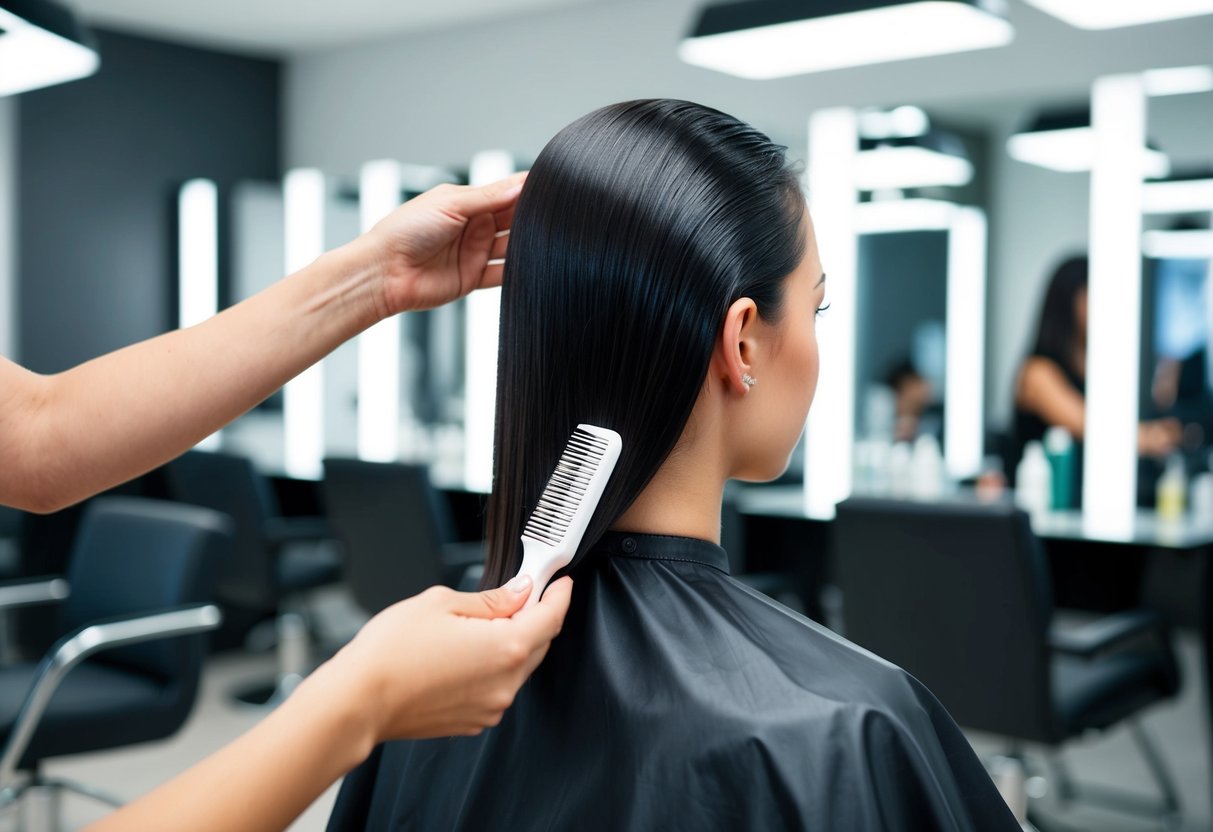 A sleek, shiny head of hair being treated with rebonding solution under a salon's bright lights
