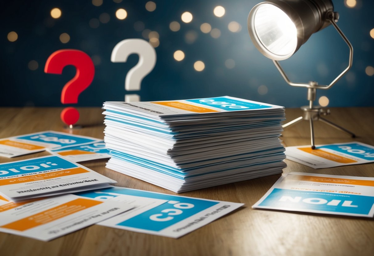 A stack of promotional flyers surrounded by question marks and a spotlight