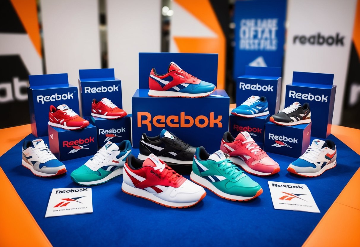 A vibrant display of Reebok products arranged in a dynamic and eye-catching manner, surrounded by bold branding and promotional materials