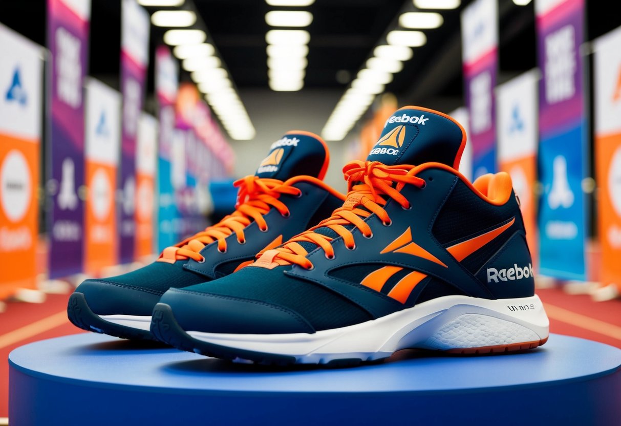 A pair of Reebok Nano X1 shoes displayed in a vibrant, athletic setting with promotional banners and logos