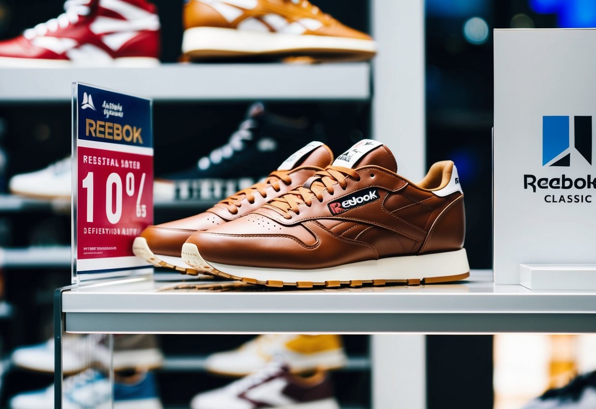 A pair of Reebok Classic Leather shoes displayed on a clean, modern retail shelf with promotional signage nearby