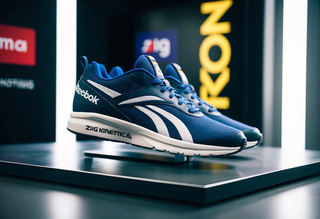 A pair of Reebok Zig Kinetica 2.5 shoes displayed on a sleek, modern platform with dynamic lighting highlighting the brand's promotions