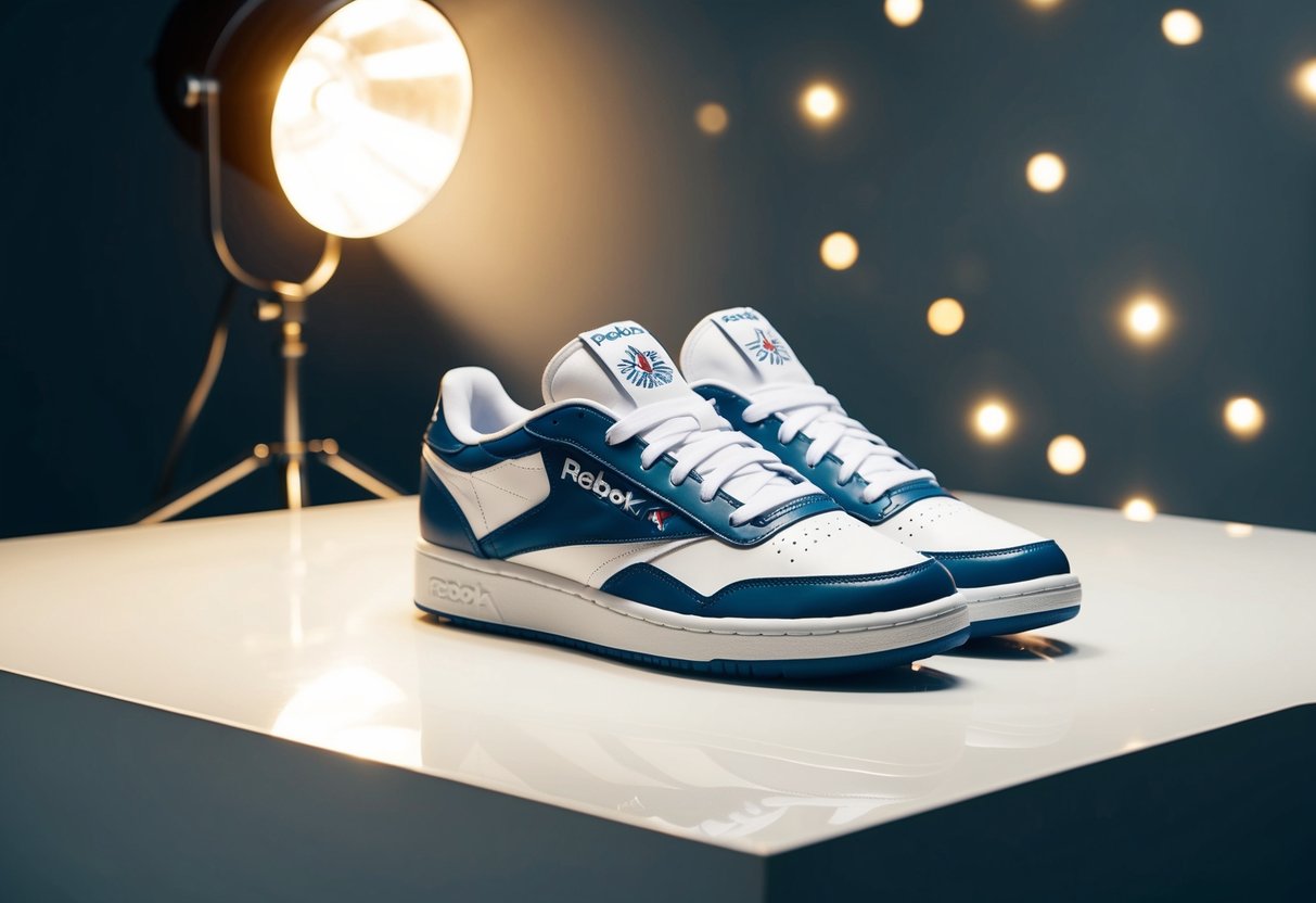 A pair of Reebok Club C 85 sneakers displayed on a clean, white platform with a spotlight shining on them