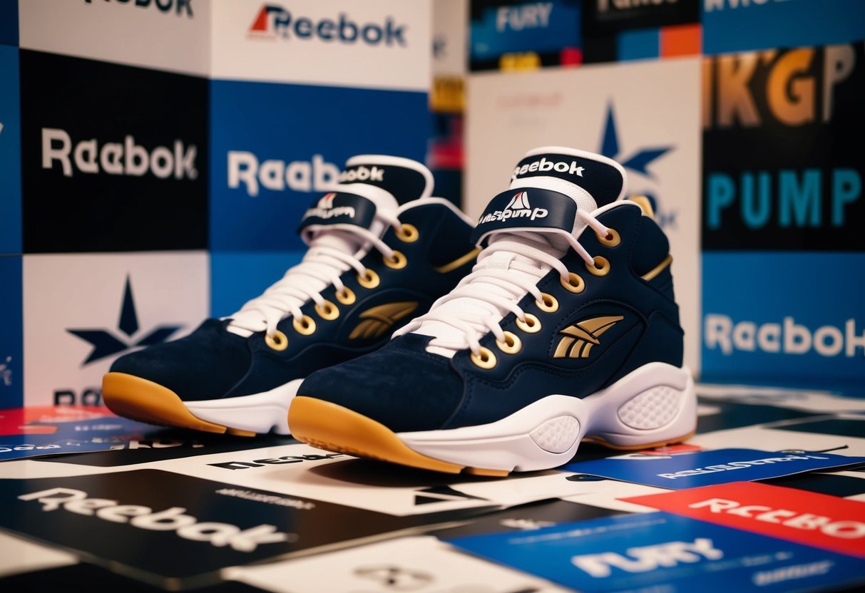 A pair of Reebok Instapump Fury OG sneakers surrounded by promotional materials and branding
