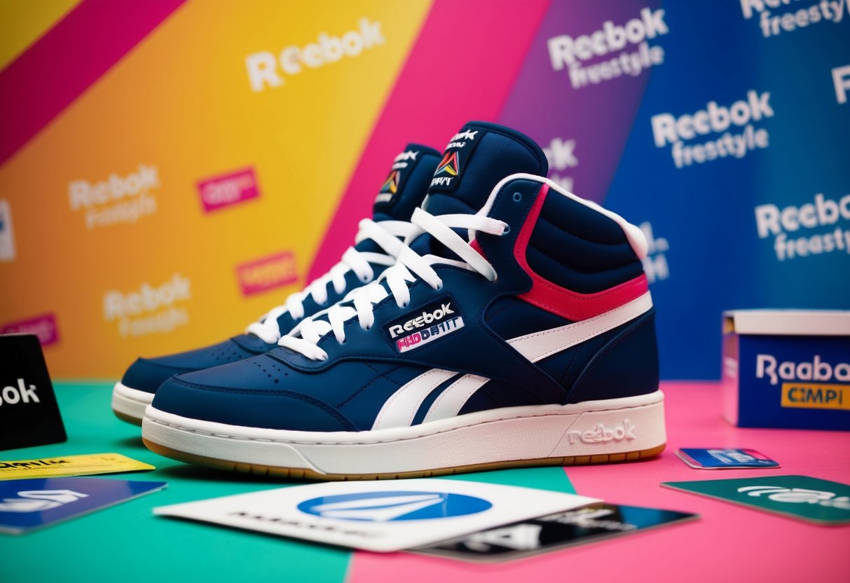 A pair of Reebok Freestyle Hi sneakers displayed on a colorful background, surrounded by promotional items and logos