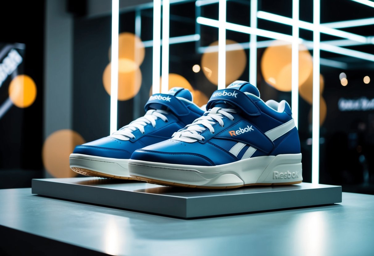 A pair of Reebok Legacy Lifter II shoes displayed on a sleek, modern platform with dynamic lighting to highlight the design and promote the product