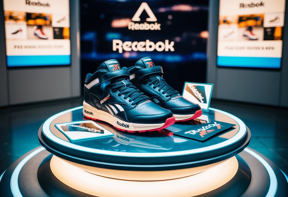 A pair of Reebok DMX Series 2200 sneakers displayed on a futuristic, illuminated platform with promotional materials surrounding them