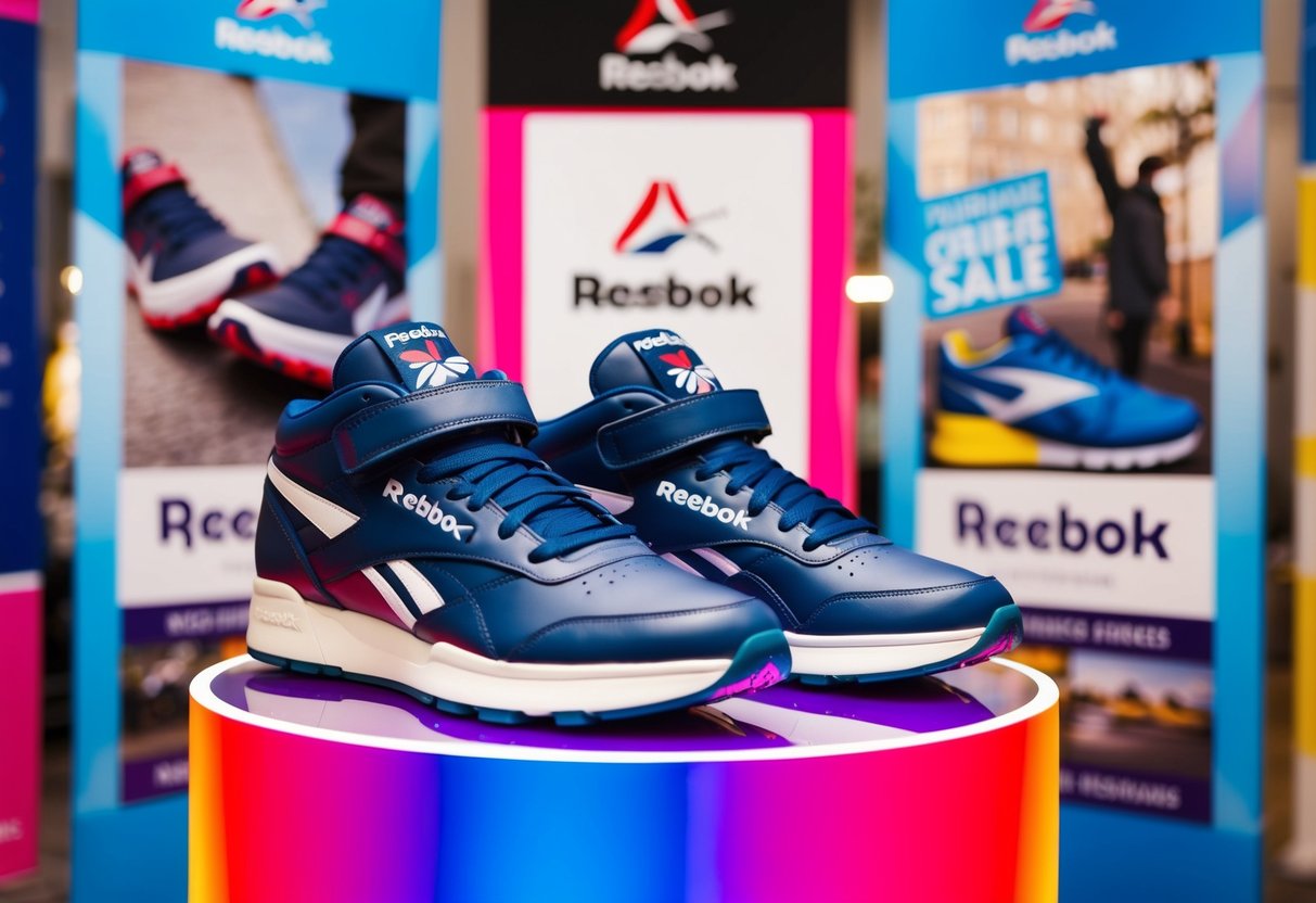 A pair of Reebok sneakers on a vibrant, eye-catching display stand surrounded by promotional banners and posters