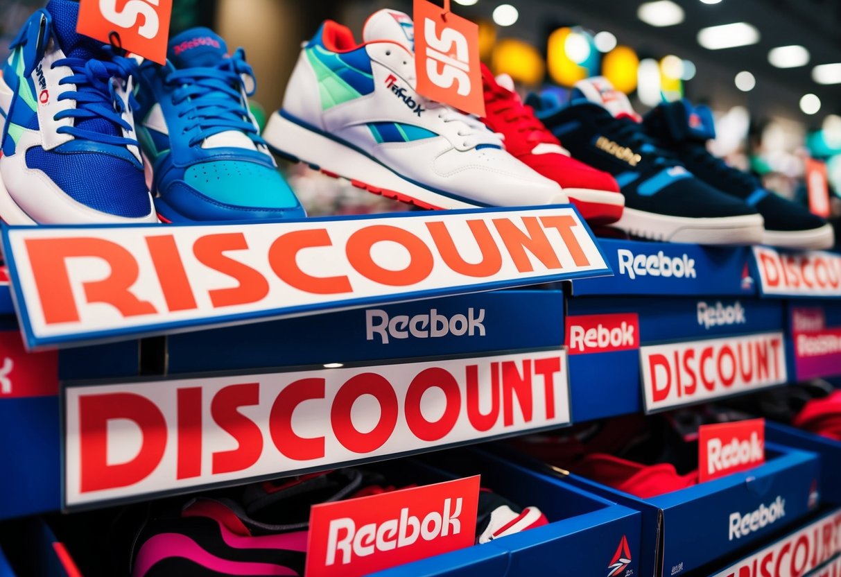 A vibrant display of Reebok shoes and apparel with bold "discount" tags