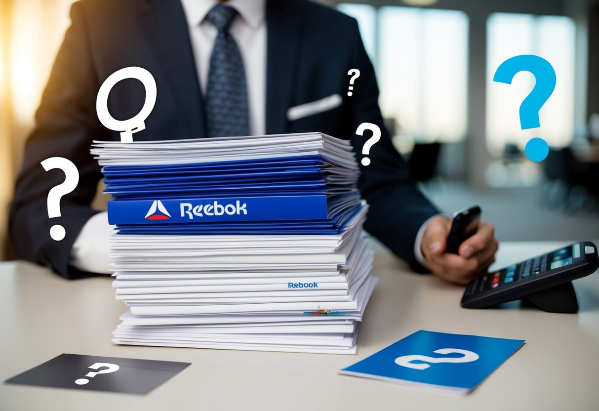 A stack of promotional materials with the Reebok logo, surrounded by question marks and a customer service representative on the phone
