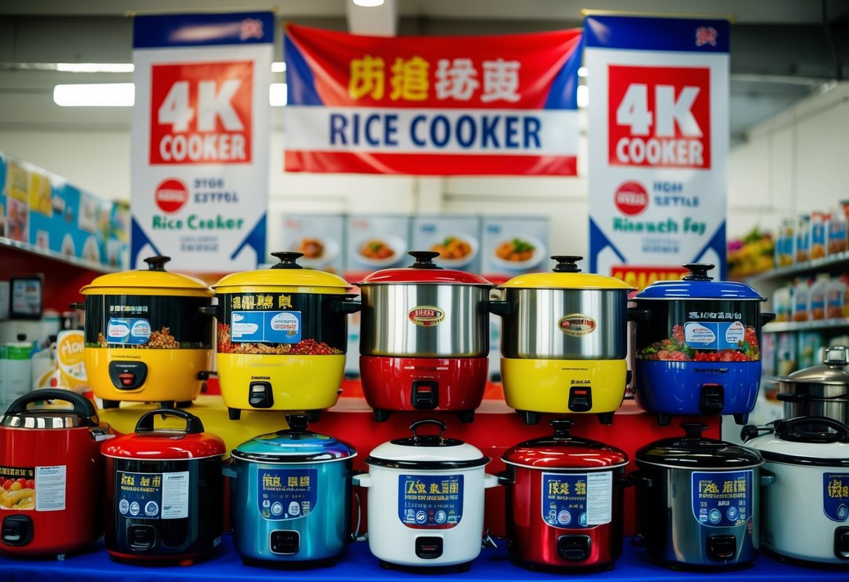 A colorful display of rice cookers with promotional banners and signs