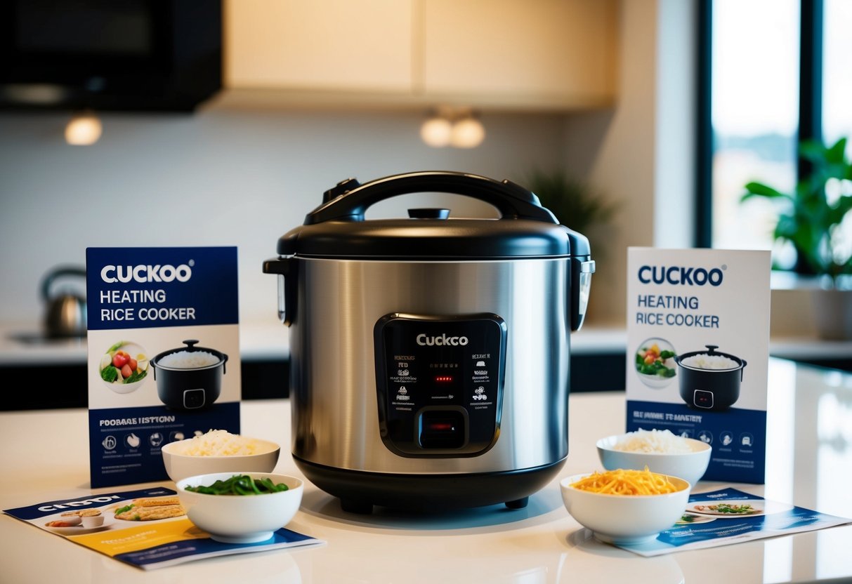 A modern kitchen counter with a Cuckoo CR-0632F Electric Heating Rice Cooker surrounded by promotional materials